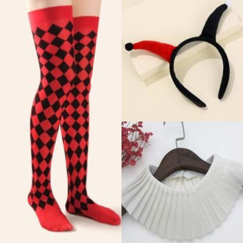 Clown Pierrot Accessories - Checkered Socks, Collar, Jester Headband